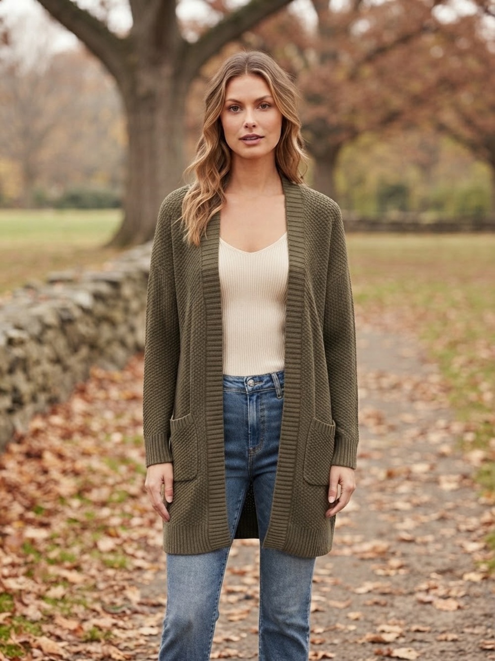 Max Studio Olive Green Knit Open Front Cardigan Medium Fall Casual Pockets